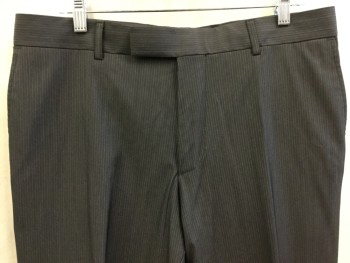 HUGO BOSS, Charcoal Gray, Lt Gray, White, Wool, Stripes - Vertical , Pants, Flat Front, Zip Front, 4 Pockets