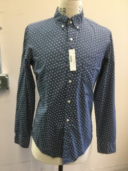 JCREW , Dusty Blue, White, Cotton, Stars, White Star Dots, Long Sleeves, Button Down Collar, Button Front, 1 Pocket,