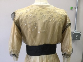 MTO, Gold, Cream, Black, Silk, Polyester, Solid, Floral, Gold Satin with Gold and Black Mesh, Delicate Silk Floral Embroidery with White Sequins, V-neck with Delicate Cream Lace Overlay with Sequins/beading, Ruched Shoulders with Draping Down to Waist, Black Pleated Taffeta Waist Band, 3 Front Lace Tiers with Black Netting Trim, 1/4 Sleeves with Detailed Embroidery/black Mesh/ Ruffle and Black/clear Beading **shredding on Lace, Stains on Skirt**,