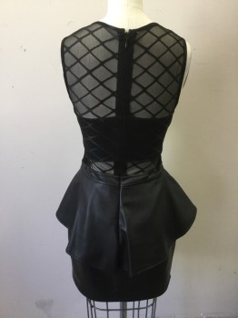 Womens, Cocktail Dress, 2B BEBE, Black, Synthetic, Solid, S, Sleeveless, Sheer Mesh Top with Large Fish Net Pattern, Solid Bandeau Bra Attached, Pleather Skirt, Ruffle Panels at Hips, Back Zip