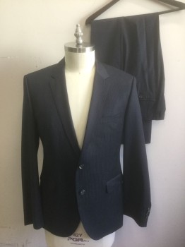 Mens, Suit, Jacket, HUGO BOSS, Charcoal Gray, Gray, Wool, Stripes - Pin, 44R, Charcoal with Light Gray Double Pinstripes, Single Breasted, Notched Lapel, 2 Buttons, 3 Pockets, High End