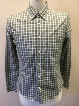 BROOKLYN TAILORS, Dk Green, White, Lt Blue, Dk Brown, Cotton, Plaid-  Windowpane, White Background with Dark Green, Light Blue and Dark Brown Windowpane Plaid, Long Sleeve Button Front, Collar Attached, Button Down Collar, 1 Patch Pocket, Slim Fit, **Has Been Taken In/Altered