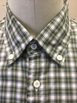 BROOKLYN TAILORS, Dk Green, White, Lt Blue, Dk Brown, Cotton, Plaid-  Windowpane, White Background with Dark Green, Light Blue and Dark Brown Windowpane Plaid, Long Sleeve Button Front, Collar Attached, Button Down Collar, 1 Patch Pocket, Slim Fit, **Has Been Taken In/Altered