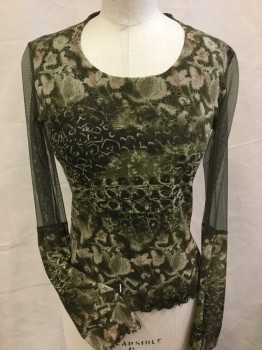 Womens, Top, ANAC, Olive Green, Tan Brown, Pink, Gold, Dk Brown, Polyester, Lycra, Abstract , Floral, M, Olive Green with Tan, Pink, Dark Brown Abstract Square/floral Print, Black with Gold Sparkles Lining, Round Neck,  Sheer Olive Upper Arm Long Sleeves, Crinkle Hem