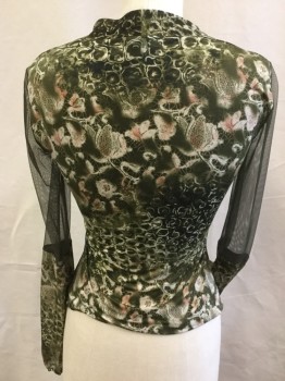 ANAC, Olive Green, Tan Brown, Pink, Gold, Dk Brown, Polyester, Lycra, Abstract , Floral, Olive Green with Tan, Pink, Dark Brown Abstract Square/floral Print, Black with Gold Sparkles Lining, Round Neck,  Sheer Olive Upper Arm Long Sleeves, Crinkle Hem