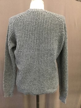 Mens, Pullover Sweater, THEORY, Blue, White, Cotton, Wool, Solid, M, Heathered Navy, Waffle Weave, Crew Neck,