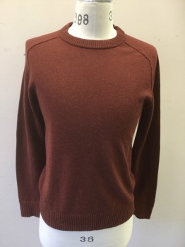 Mens, Pullover Sweater, EVERLANE, Brick Red, Wool, Solid, S, Reddish-Brown, Ribbed Knit Crew Neck/Cuff/Waistband, Raglan Long Sleeves