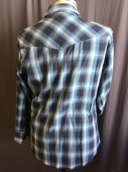 Mens, Western, WRANGLER, Black, Lt Blue, Gray, Teal Blue, Off White, Cotton, Polyester, Plaid, M, Collar Attached, Shinny Pearly with Silver Rim Snap Front, Western Yokes Upper Front & Back, 2 Pockets with Flap, Long Sleeves,