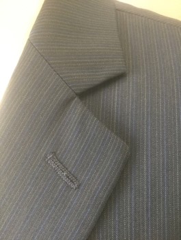 Mens, Suit, Jacket, DKNY, Black, Gray, Royal Blue, Wool, Stripes - Pin, 38R, Black with Gray/Blue Pinstripes, Single Breasted, Notched Lapel, 2 Buttons, 3 Pockets