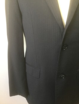 Mens, Suit, Jacket, DKNY, Black, Gray, Royal Blue, Wool, Stripes - Pin, 38R, Black with Gray/Blue Pinstripes, Single Breasted, Notched Lapel, 2 Buttons, 3 Pockets