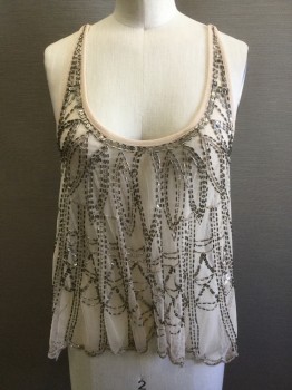 PINS AND NEEDLES, Lt Beige, Silver, Nylon, Beaded, Sheer Netting Camisole with Silver/Champagne Art-Deco Style Beading, Scoop Neck, Racer Back Gathered at Back