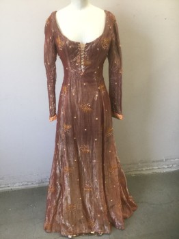 N/L MTO, Terracotta Brown, Peach Orange, Orange, Metallic, Polyester, Beaded, Floral, Terracotta Metallic with Orange Embroidery and Pale Peach Clusters of Pearls, Long Sleeves, Scoop Neck, Peach Satin Lacing at Front and Back, Orange Satin at Cuffs, Floor Length, Medieval Inspired Custom Build