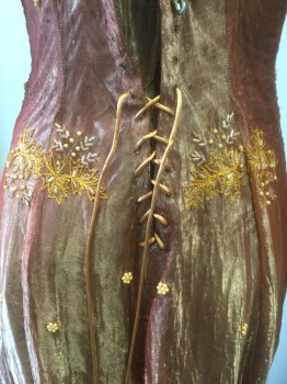 N/L MTO, Terracotta Brown, Peach Orange, Orange, Metallic, Polyester, Beaded, Floral, Terracotta Metallic with Orange Embroidery and Pale Peach Clusters of Pearls, Long Sleeves, Scoop Neck, Peach Satin Lacing at Front and Back, Orange Satin at Cuffs, Floor Length, Medieval Inspired Custom Build
