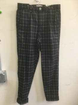 OXFORD TROUSERS, Black, White, Gray, Polyester, Cotton, Plaid-  Windowpane, Pleated, Diagonal Pockets, Belt Loops,