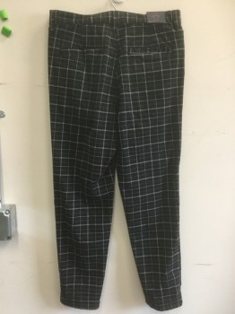 OXFORD TROUSERS, Black, White, Gray, Polyester, Cotton, Plaid-  Windowpane, Pleated, Diagonal Pockets, Belt Loops,