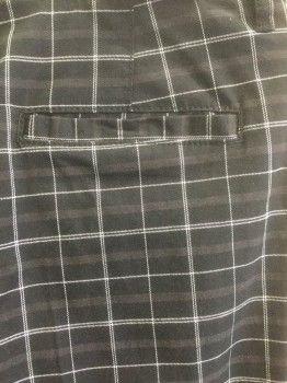 Mens, Casual Pants, OXFORD TROUSERS, Black, White, Gray, Polyester, Cotton, Plaid-  Windowpane, 32/27, Pleated, Diagonal Pockets, Belt Loops,