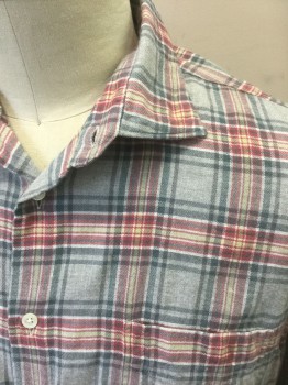Mens, Casual Shirt, HARTFORD, Gray, Maroon Red, White, Butter Yellow, Dk Gray, Viscose, Cotton, Plaid, XL, Flannel, Long Sleeve Button Front, Collar Attached, 1 Pocket