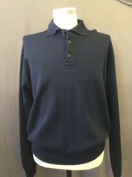 FACONNABLE, Navy Blue, Wool, Solid, Polo, 3 Button Neck, Knit