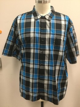 DICKIES, Turquoise Blue, Black, White, Gray, Cotton, Polyester, Plaid, Button Front, Collar Attached, 2 Pockets, Short Sleeves,