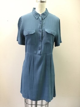 Womens, Dress, Short Sleeve, URBAN OUTFITTERS, French Blue, Viscose, Solid, XS, Short Sleeves, Button Front Top, Collar Attached, 2 Flap Pockets, Hem Above Knee