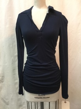 VELVET, Navy Blue, Cotton, Spandex, Solid, Navy, V-neck, Long Sleeves, Collar Attached, Ruched Sides