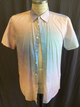 PAUL SMITH, Pink, Blue, Turquoise Blue, Rust Orange, Red, Cotton, Ombre, Dots, Collar Attached, Button Front, Short Sleeves, Curved Hem