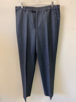 ZEGNA, Blue-Gray, Wool, Mohair, Oxford Weave, Slacks, Flat Front, Zip Front, Extender Waistband, 2 Slant Pockets, 2 Double Welt Pockets with Button