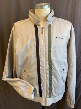 Mens, Casual Jacket, BEN SHERMAN, Lt Gray, Lt Olive Grn, Olive Green, Dk Brown, Ecru, Polyester, Nylon, Solid, Stripes - Vertical , 2XL, Collar Attached with Zipper and Hood Inside, 3/4" Olive Vertical Ribbon on Left & Dark Brown Ribbon on the Right, Light Olive Vertical Light Weight Quilt Lining, Zip Front, 2 Slant Pockets with Zipper, Ecru Ribbed Knit Long Sleeves Cuff & Hem