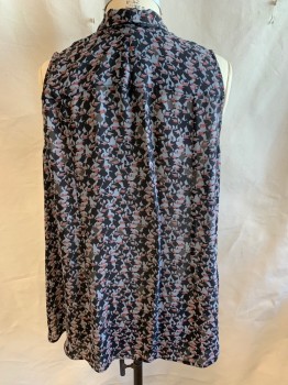 Womens, Blouse, NIC & ZOE, Black, Warm Gray, Salmon Pink, Yellow, Olive Green, Polyester, Abstract , 2XL, Collar Attached, Hidden Button Front, Sleeveless, Uneven Hem & Flare Bottom