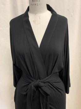 DKNY, Black, Modal, Spandex, Solid, 3/4 Sleeves, Surplice Shawl Collar, Attached Cinched Self Tie Waistband, 2 Pockets, at the Knee Length,