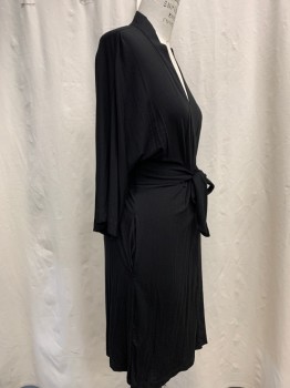 DKNY, Black, Modal, Spandex, Solid, 3/4 Sleeves, Surplice Shawl Collar, Attached Cinched Self Tie Waistband, 2 Pockets, at the Knee Length,
