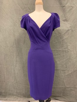 KAREN MILLEN, Purple, Synthetic, Polyester, Solid, Surplice V-neck, Pleated at Raglan Sleeve Seam, Pleated Short Sleeves, Hidden Size Seam, Geometric Waist Panels, Pleated Shoulder Belt Attached Right Back