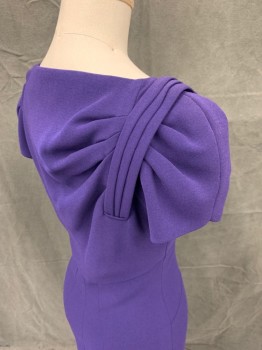 KAREN MILLEN, Purple, Synthetic, Polyester, Solid, Surplice V-neck, Pleated at Raglan Sleeve Seam, Pleated Short Sleeves, Hidden Size Seam, Geometric Waist Panels, Pleated Shoulder Belt Attached Right Back