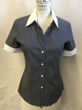 THEORY, Steel Blue, White, Cotton, Polyester, Stripes - Pin, Solid White V-neck Collar Attached and Short Sleeves Cuffs, Button Front, Curved Hem