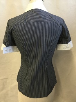 THEORY, Steel Blue, White, Cotton, Polyester, Stripes - Pin, Solid White V-neck Collar Attached and Short Sleeves Cuffs, Button Front, Curved Hem