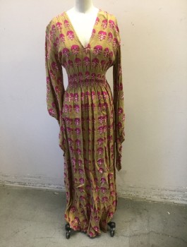 CALYPSO ST.BARTH, Ochre Brown-Yellow, Fuchsia Pink, White, Linen, Abstract , Geometric, Abstract Block Print, Long Wide Gothic Sleeves, V-neck, Ruched at Center Front Waist and Shoulders, Floor Length Maxi Dress