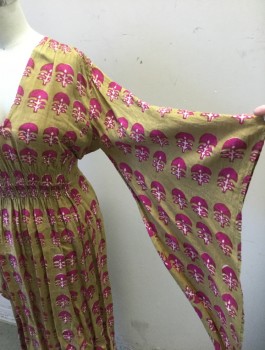 CALYPSO ST.BARTH, Ochre Brown-Yellow, Fuchsia Pink, White, Linen, Abstract , Geometric, Abstract Block Print, Long Wide Gothic Sleeves, V-neck, Ruched at Center Front Waist and Shoulders, Floor Length Maxi Dress