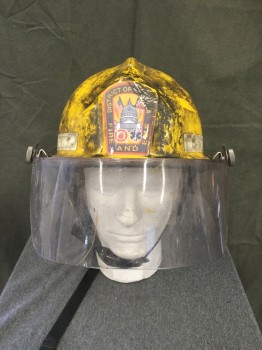Unisex, Fire/Police Hat, N/L, Yellow, Black, Fiberglass, Solid, O/S, Fireman Helmet, Yellow Fiberglass, Black Plastic Trim, Clear Movable Face Shield, Adjustable Chin Strap, Aged, "District of **** Fire and EMS" Sticker on Front