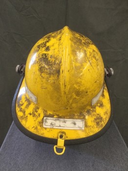 Unisex, Fire/Police Hat, N/L, Yellow, Black, Fiberglass, Solid, O/S, Fireman Helmet, Yellow Fiberglass, Black Plastic Trim, Clear Movable Face Shield, Adjustable Chin Strap, Aged, "District of **** Fire and EMS" Sticker on Front