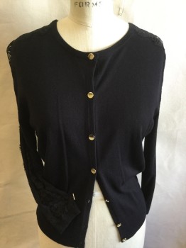 TED BAKER, Black, Viscose, Polyamide, Solid, Ribbed Knit Crew Neck, Long Sleeves Cuffs, & Hem, Gold Button Front, Black Lace Panel on Shoulder & Long Sleeves,