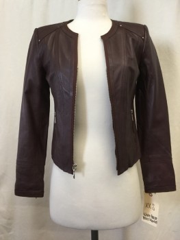 Womens, Leather Jacket, WHT HOUSE BLK MKT, Dk Brown, Leather, Polyester, Solid, XXS, Zip Front, 2 Zip Pockets