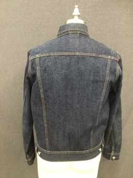 Mens, Jean Jacket, J. CREW, Dk Blue, Cotton, Solid, L, Button Front, 4 Pockets, Collar Attached, Long Sleeves, Button Tabs Back Waist