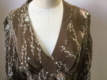 MAYLE, Brown, Cream, Coral Orange, Pink, Aqua Blue, Silk, Floral, Brown with Cream/ Aqua/coral Floral Print, V-neck, Narrow Kimono Sleeves with Loop and Covered Buttons, Wide Waist Tabs with Loop and Buttons
