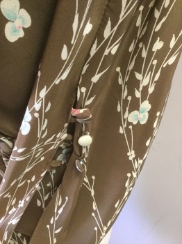 MAYLE, Brown, Cream, Coral Orange, Pink, Aqua Blue, Silk, Floral, Brown with Cream/ Aqua/coral Floral Print, V-neck, Narrow Kimono Sleeves with Loop and Covered Buttons, Wide Waist Tabs with Loop and Buttons