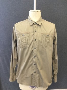 Mens, Casual Shirt, CONVERSE, Khaki Brown, Cotton, Solid, XL, Button Front, Collar Attached, Long Sleeves, 2 Pockets with Twill Detail