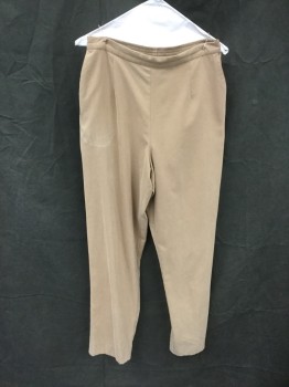 Womens, Pants, ALFRED DUNNER, Khaki Brown, Polyester, Nylon, Solid, 12, Brushed, Flat Front, 2 Side Pockets, Elastic Smocked Back Waistband