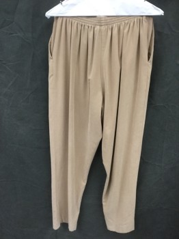 Womens, Pants, ALFRED DUNNER, Khaki Brown, Polyester, Nylon, Solid, 12, Brushed, Flat Front, 2 Side Pockets, Elastic Smocked Back Waistband