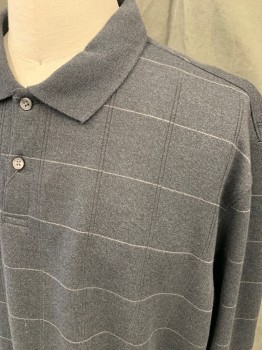 VAN HEUSEN, Charcoal Gray, Silver, Cotton, Polyester, Stripes - Horizontal , Heathered, Heather Charcoal, Silver Horizontal Stripes, Knit Vertical Stripes, Long Sleeves, 2 Button Placket, Solid Charcoal Ribbed Knit Collar Attached, Ribbed Knit Cuff