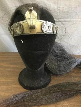 N/L MTO, Pewter Gray, Bronze Metallic, Dk Brown, Plastic, Synthetic, Faux Aged Metal Headband/Halo with Cobra at Center, Attached Long Dark Brown Hair Across Crown of Head, Hair is Approximately 36" Long, Made To Order