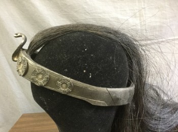 Unisex, Historical Fiction Headpiece, N/L MTO, Pewter Gray, Bronze Metallic, Dk Brown, Plastic, Synthetic, Faux Aged Metal Headband/Halo with Cobra at Center, Attached Long Dark Brown Hair Across Crown of Head, Hair is Approximately 36" Long, Made To Order